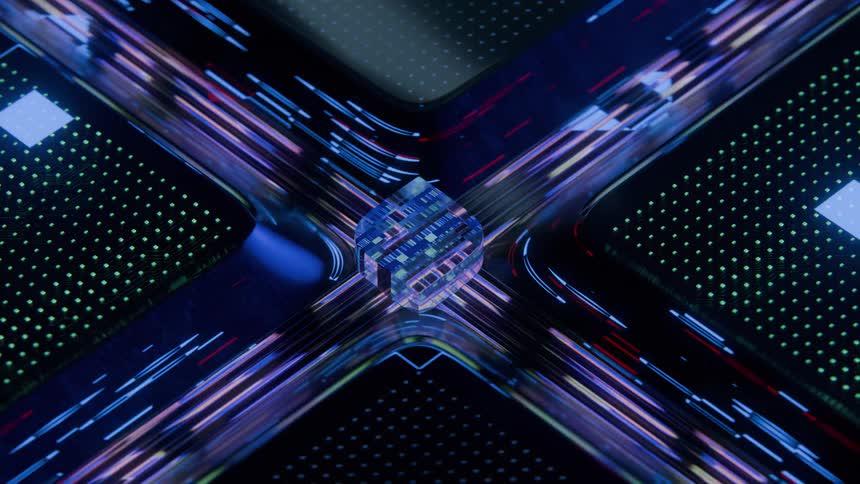 A 3d animation of a central glass cube at a crossroad with moving light trails and digital icons