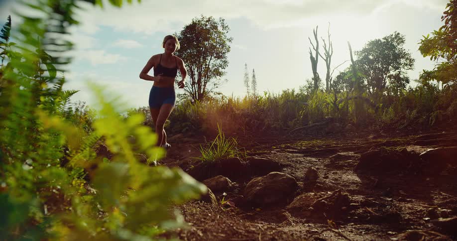 A woman runs along a rugged sundrenched trail through a lush tropical landscape the camera captures her steady pace from a low angle behind green ferns as she navigates the rocky terrain