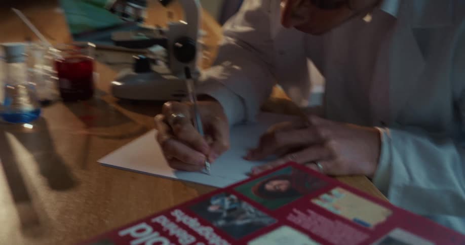 A man in a white lab coat looks through a microscope and writes notes on a piece of paper