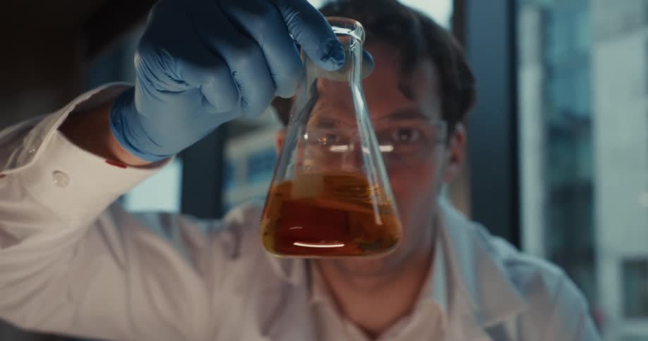 A scientist wearing blue gloves and a white coat holds up a glass flask filled with amber liquid to examine it closely in a bright laboratory
