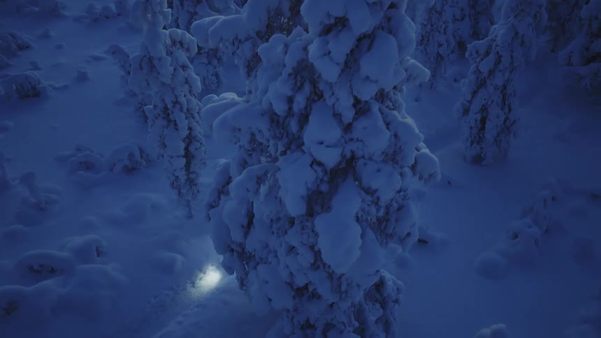 An aerial view shows a person wearing a headlamp as they hike through a quiet snowladen forest during the blue hourthe bright light from the hikers gear cuts through the dim twilight casting a sharp glow onto the deep untouched snow s