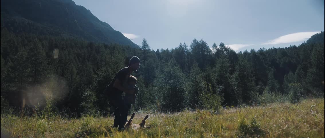 A father lifts his young son high into the air against a backdrop of dense pine forests and sunlit mountains while a dog runs through the tall grass nearby