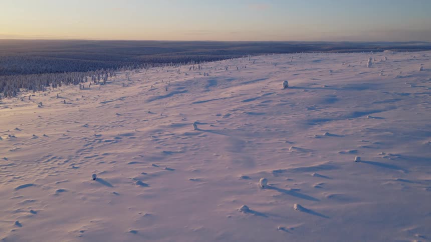 An aerial view of a vast snowy mountain landscape featuring small frozen trees and tracks in the snow under the warm light of a setting sun with a distant forest horizon