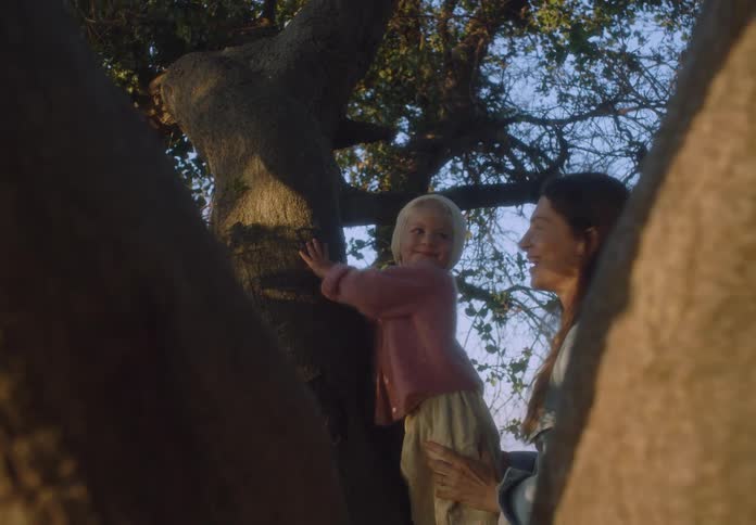 Mother and daughter explore a tree outdoors at sunset