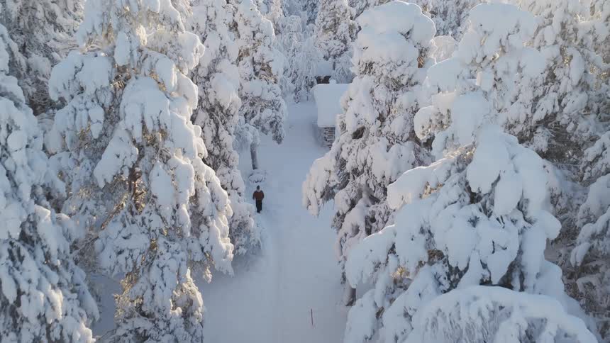 Man walking on a path through a snow covered forest by a house in the woods