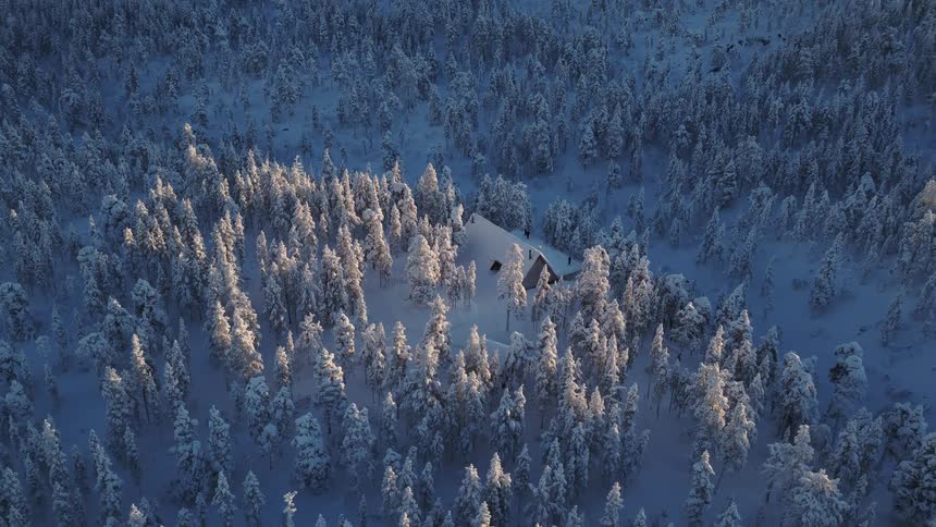The small cabin is in the snow covered woods