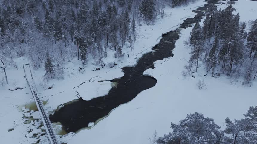 Aerial view of a snowcovered forest with a winding river crossing the landscape