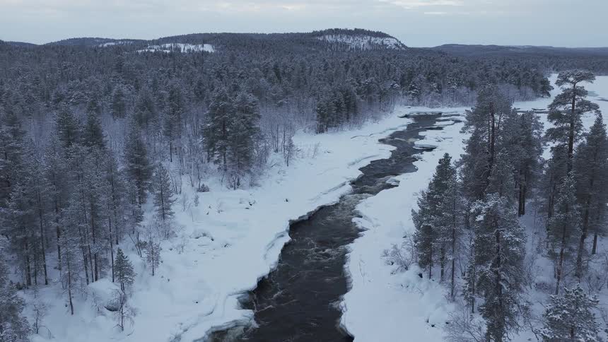 A winding dark river cuts through a vast snowcovered forest beneath a cold overcast winter sky