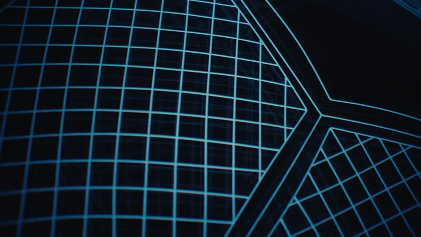 A close view of a glowing blue grid pattern that forms the hexagonal surface of a soccer ball against a black background