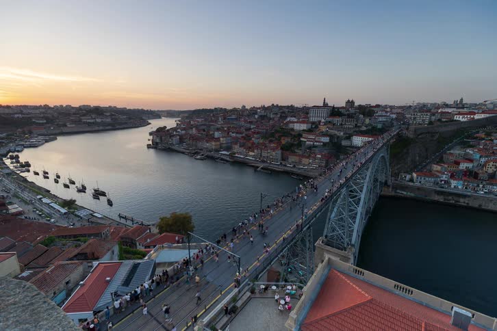 A time lapse of people going across a bridge