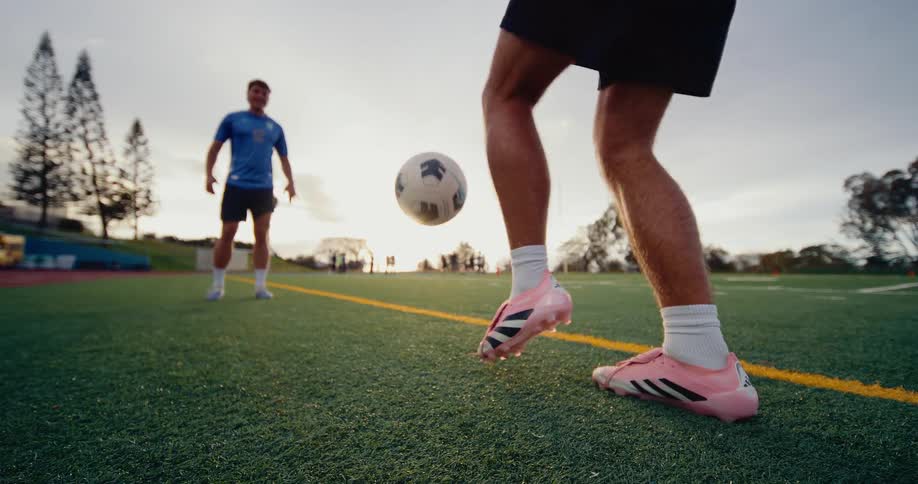 Two players passing a soccer ball on a sports field