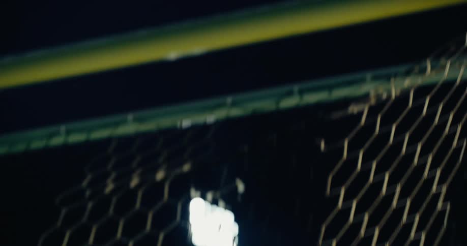 A person kicking a soccer ball into a net