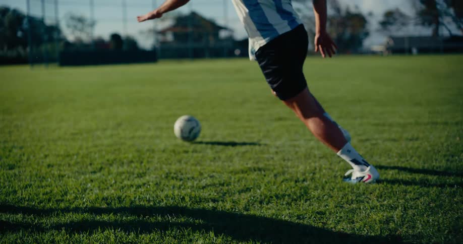 Two soccer players playing and competing for the ball on a grassy field during a match