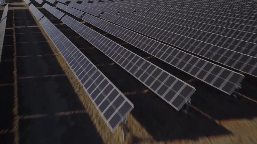 Rows of solar panels at a large solar farm generating renewable energy in an outdoor landscape