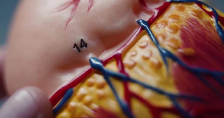 Closeup of an anatomical model showing muscles and blood vessels