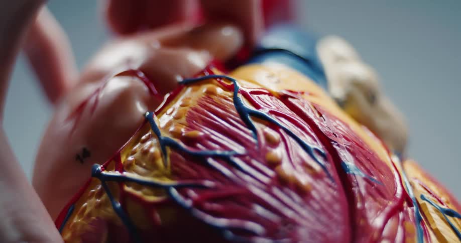An extreme close view shows a hand opening a plastic model of a human heart to reveal the inner valves and chambers