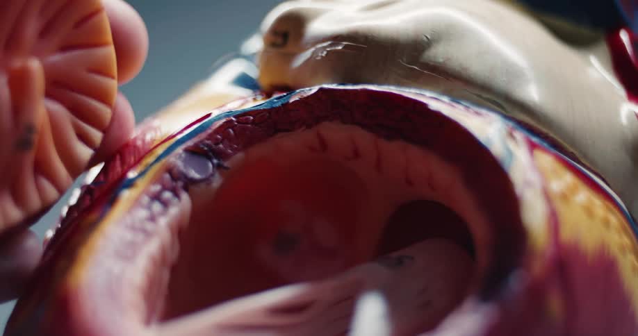A person examines an anatomical heart model by lifting the top section to reveal the internal chambers and valves