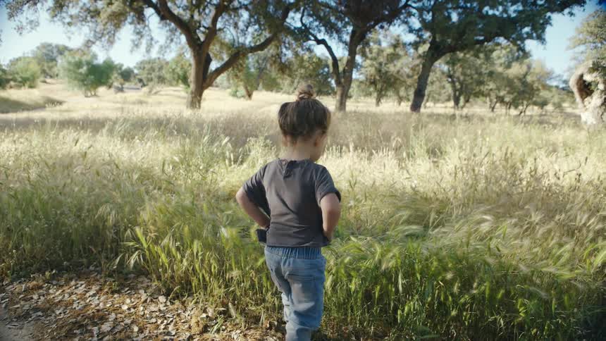 A young girl with a hair bun stands in a sunlit field of tall grass and oak trees with her hands on her hips while looking toward the horizon on a clear day