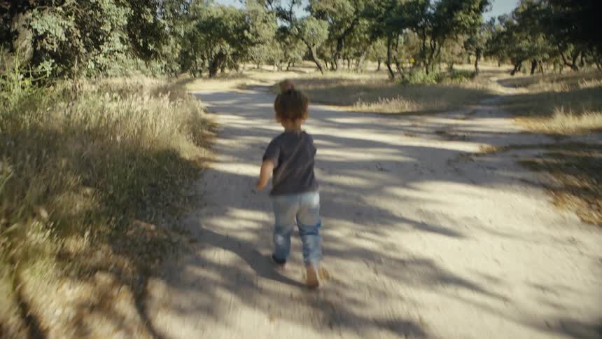 A young child with a bun runs down a sunlit dirt path through a grassy field scattered trees line the trail under a clear sky in this peaceful outdoor scene