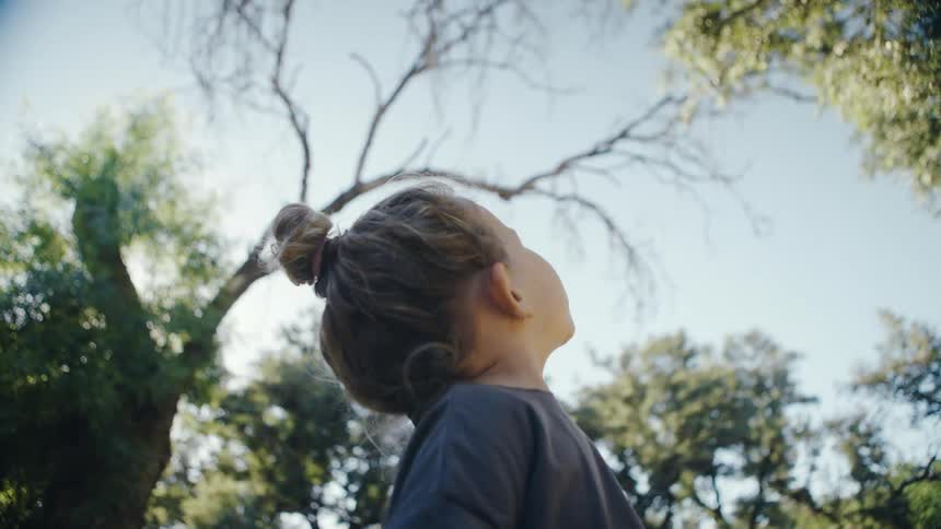 A young child with hair in a bun stands outdoors and looks up at the sky with an expression of wonder while surrounded by green trees