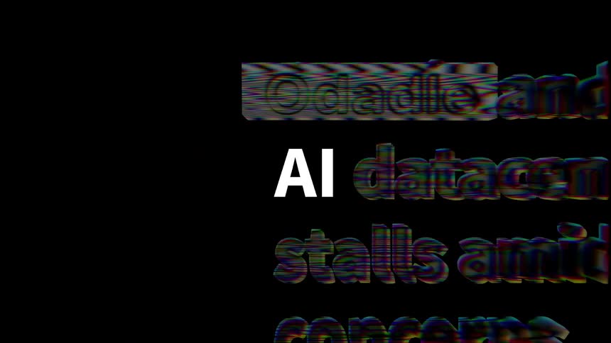 White ai text appears sharply centered on a black background while distorted glitching text in the background references us and canada regulations requiring aigenerated videos to show new technology disclosures
