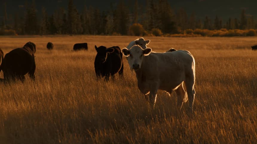 Cattle walking and grazing in a field of dry grass