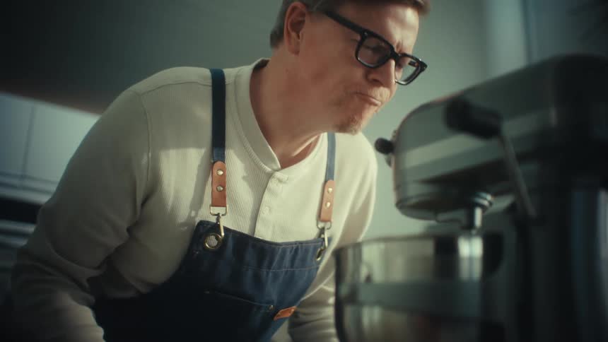 Man wearing glasses and an apron observes a mixer during dough preparation in the kitchen