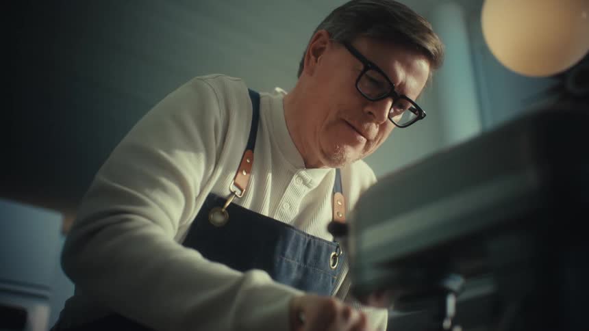 Man wearing an apron uses a spoon to stir a mixture beside a kitchen stand mixer