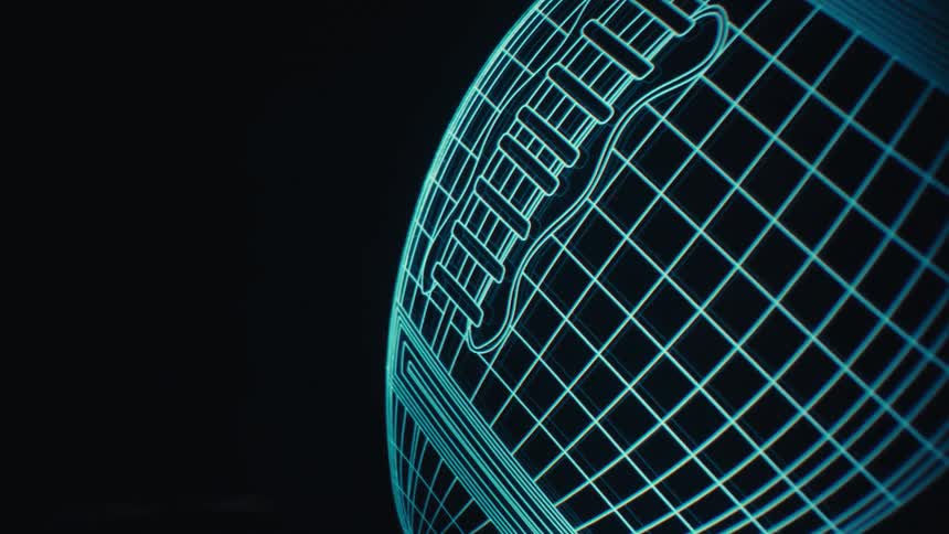 A blue glowing 3d wireframe illustration of an american football is displayed against a solid black background