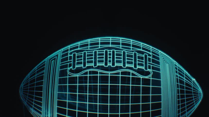 An animated drawing of an american football on a digital screen drawn with blue lines against a black background