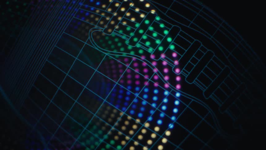An animation of blue lines with a rainbow led sphere on a dark background