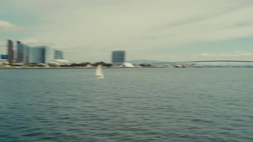 Man looking toward the horizon by the water with a bridge in the background