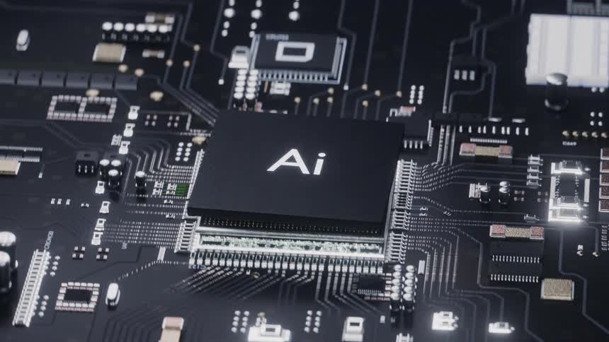 A central processor labeled ai descends onto a sleek dark circuit board and locks into place upon connection the chip illuminates with glowing teal light signaling a surge of digital power