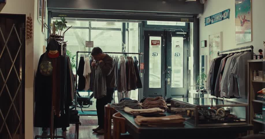 A man browsing through racks of casual outfit inside a small clothing store
