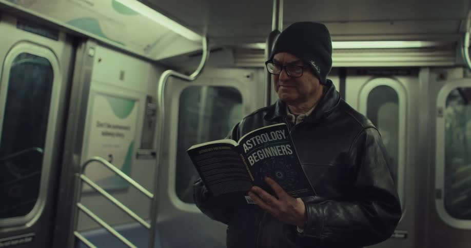Man stands reading a book as he rides the subway train