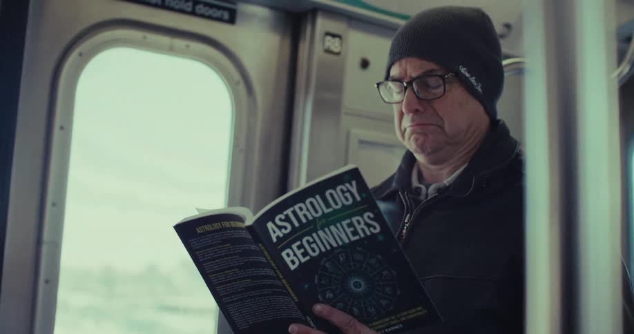 The man is reading a book while riding a train