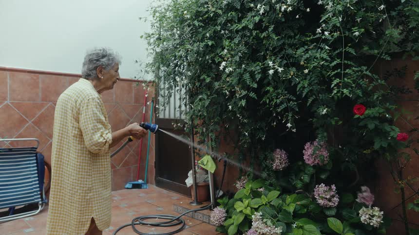 The woman is watering her garden
