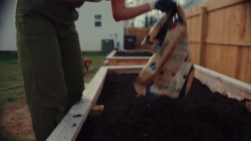 A woman is shown working outdoors pouring a bag of organic raised bed soil into a large wooden planter boxthe scene is captured from a low angle during the late afternoon emphasizing the physical effort involved in preparing the garden be