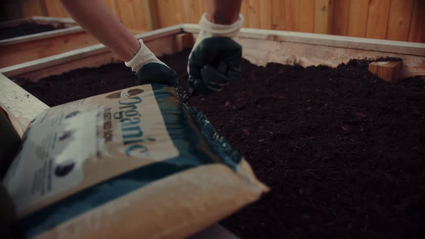 The woman opens the bag of soil to put in her garden