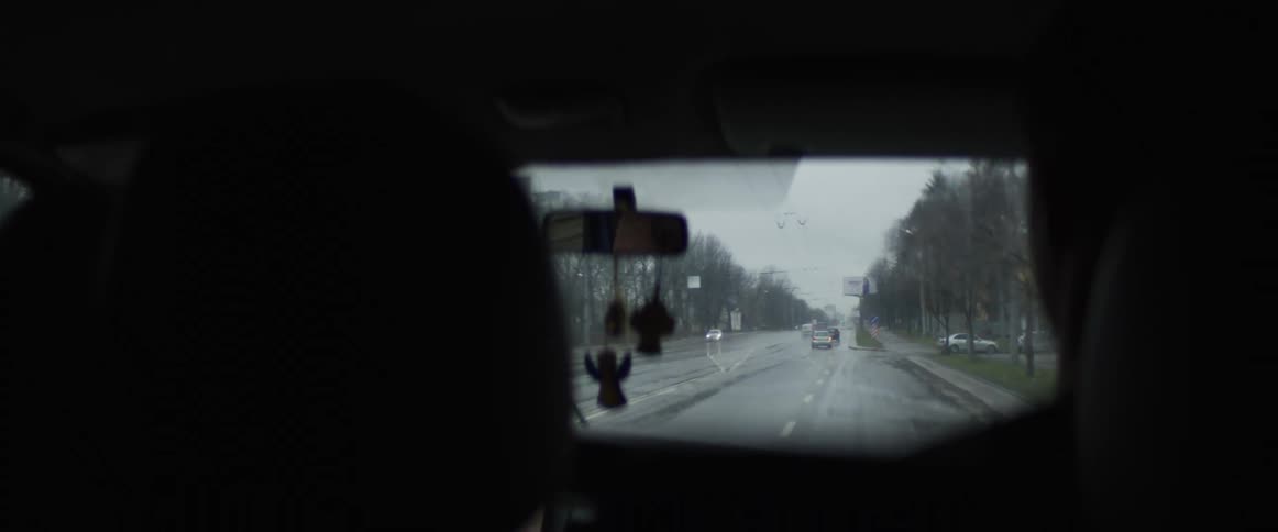Two people sit in the dark interior of a car while driving down a wet city road during a gray rainy day as other vehicles approach from the opposite direction and bare trees line the sidewalk under a heavy overcast sky