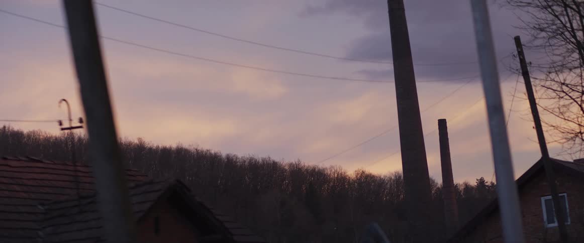 A dark tiled roof and tall industrial chimneys silhouetted against a purple and orange twilight sky while bare winter trees and power lines pass by in the foreground of this somber evening landscape