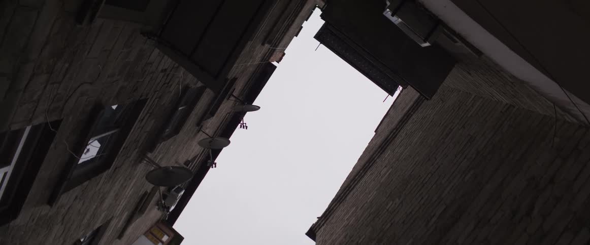 Bird flies over an alley between apartment buildings during the daytime