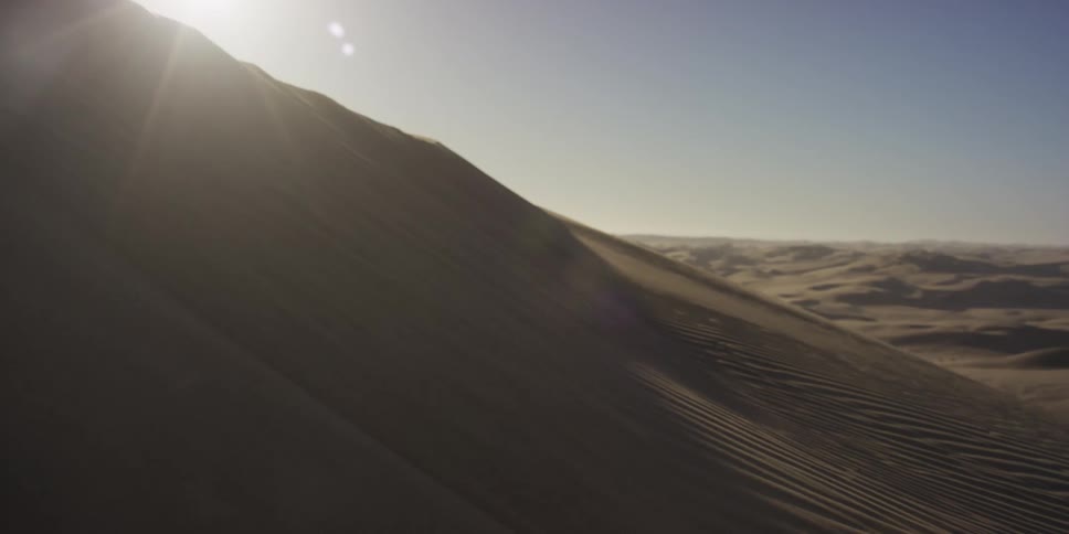 Sunlit dune slope with sand ripples and desert in the background