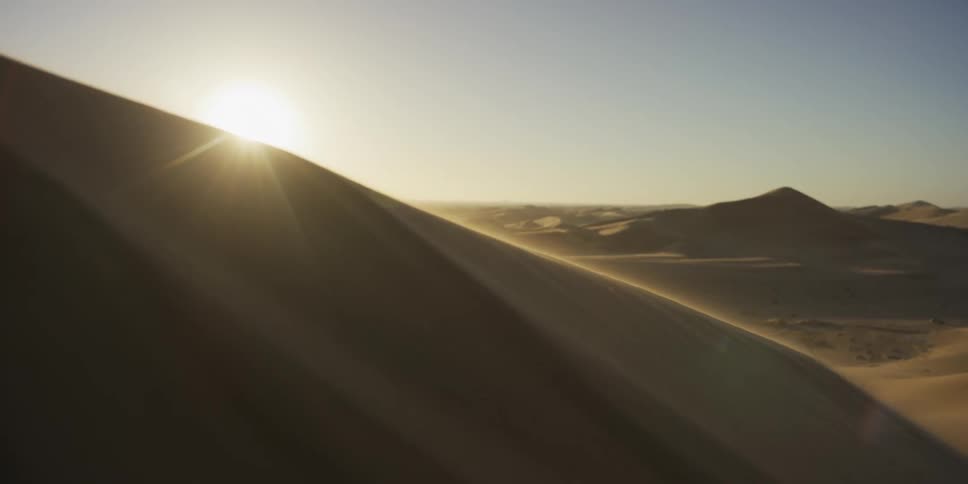 Sun rises behind dune illuminating desert landscape