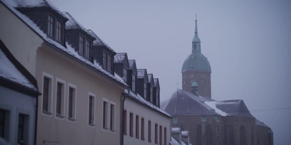 The video shows a row of europeanstyle buildings with snowdusted roofs under a dim overcast sky in the background a large church with a prominent greendomed spire rises above the town