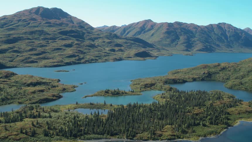 An aerial view shows the vast blue waters of wonder lake in denali national park surrounded by rolling green hills and dense evergreen forests under a clear sky in alaska