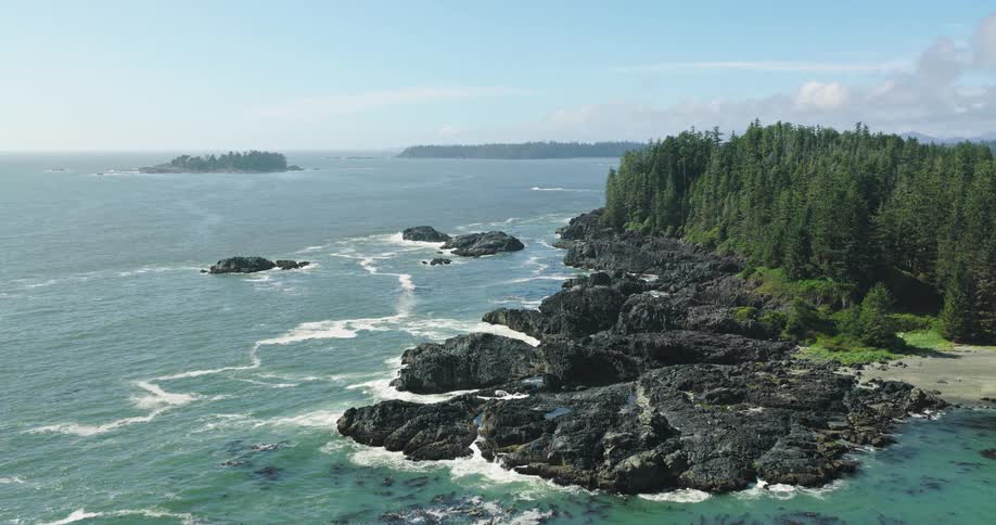 A wide aerial shot slowly pulls back to reveal a rugged, rocky coastline covered in a dense green forest on a bright sunny day
