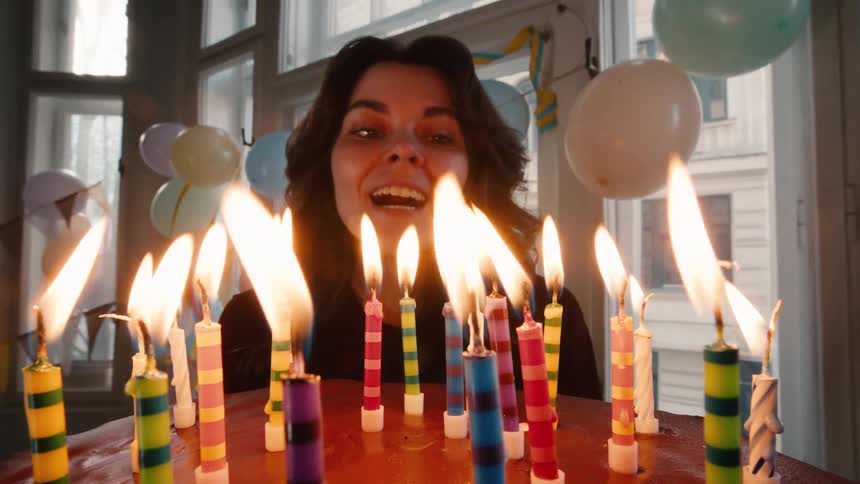 A smiling woman celebrates her birthday by blowing out a cake full of colorful candles in a slow-motion video