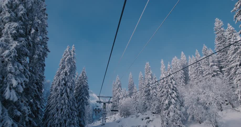 A POV shot from a moving chairlift ascends a snowy mountain through a forest of snow-covered evergreen trees against a clear blue sky