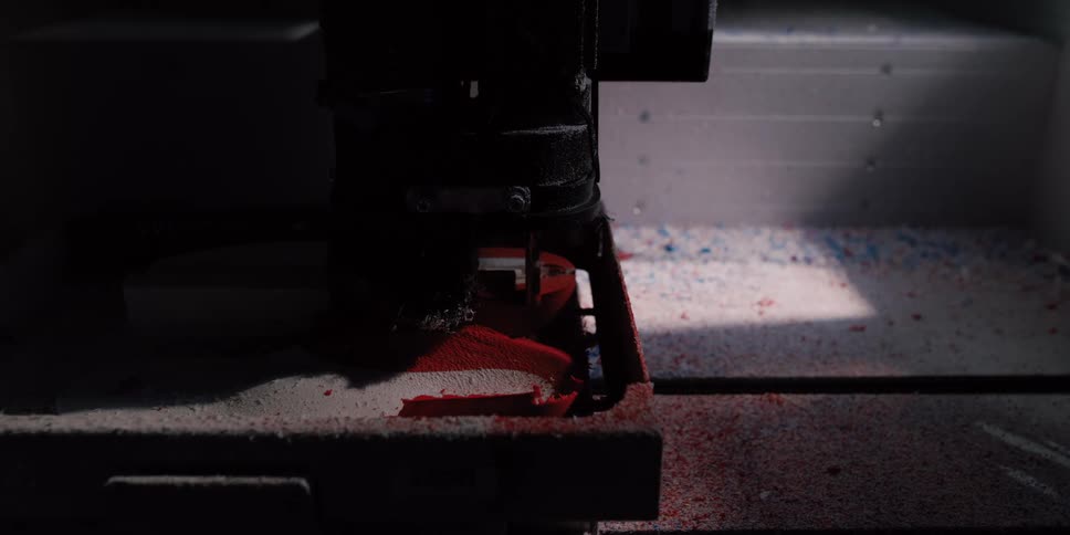 Close-up of a CNC machine milling a custom orthopedic insole, creating red and white dust in a dimly lit factory